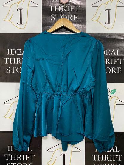 SHEIN |M| BUST 16| A29| TEAL SATIN KNOT-FRONT LONG-SLEEVE BLOUSE