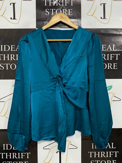 SHEIN |M| BUST 16| A29| TEAL SATIN KNOT-FRONT LONG-SLEEVE BLOUSE