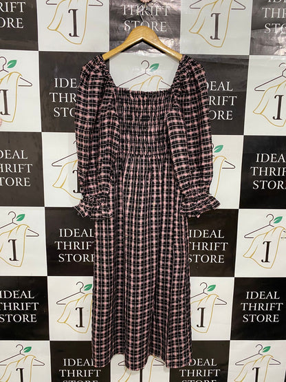 RIVER ISLAND |M| BUST 14| A29| PINK & BLACK GINGHAM CHECK SMOCKED SQUARE-NECK MIDI DRESS