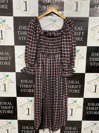 RIVER ISLAND |M| BUST 14| A29| PINK & BLACK GINGHAM CHECK SMOCKED SQUARE-NECK MIDI DRESS