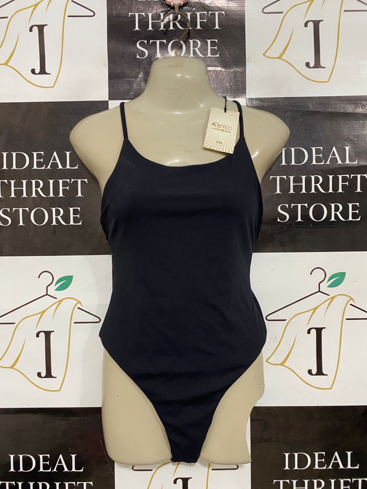 KAYLES RENEE |M| BUST 15| A29| BLACK RIBBED SPAGHETTI STRAP ONE-PIECE SWIMSUIT / BODYSUIT
