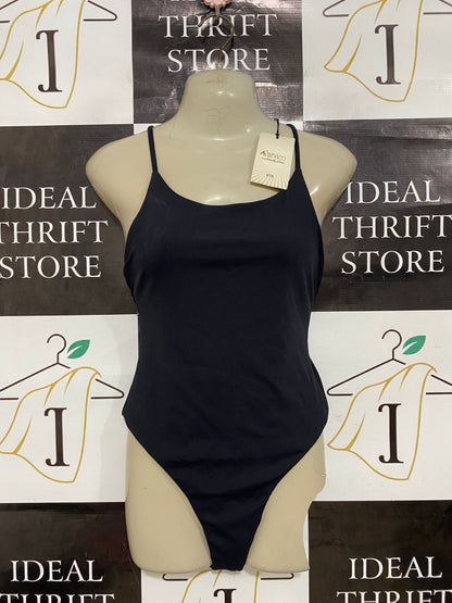KAYLES RENEE |M| BUST 15| A29| BLACK RIBBED SPAGHETTI STRAP ONE-PIECE SWIMSUIT / BODYSUIT