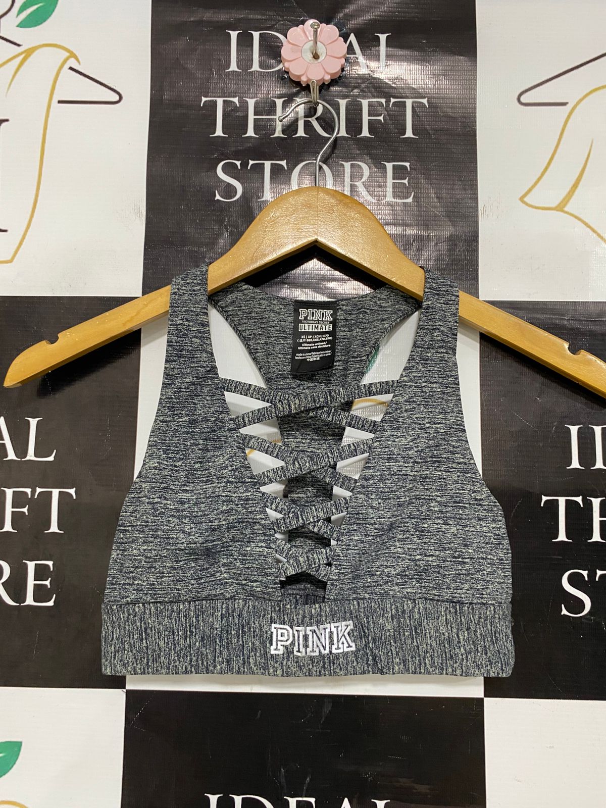 PINK |XS| BUST 11| A29| VICTORIA'S SECRET GREY MARLED LACE-UP STRAPPY SPORTS BRA