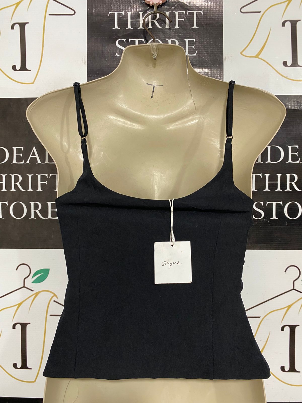SUPRE |XS| BUST 14| A29| BLACK MINIMALIST SPAGHETTI STRAP CAMISOLE TANK TOP
