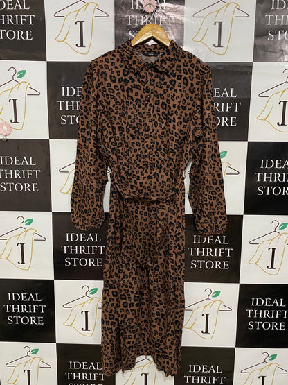 GEORGE |L| BUST 19| A29| LEOPARD ANIMAL PRINT LONG-SLEEVE MIDI SHIRT DRESS
