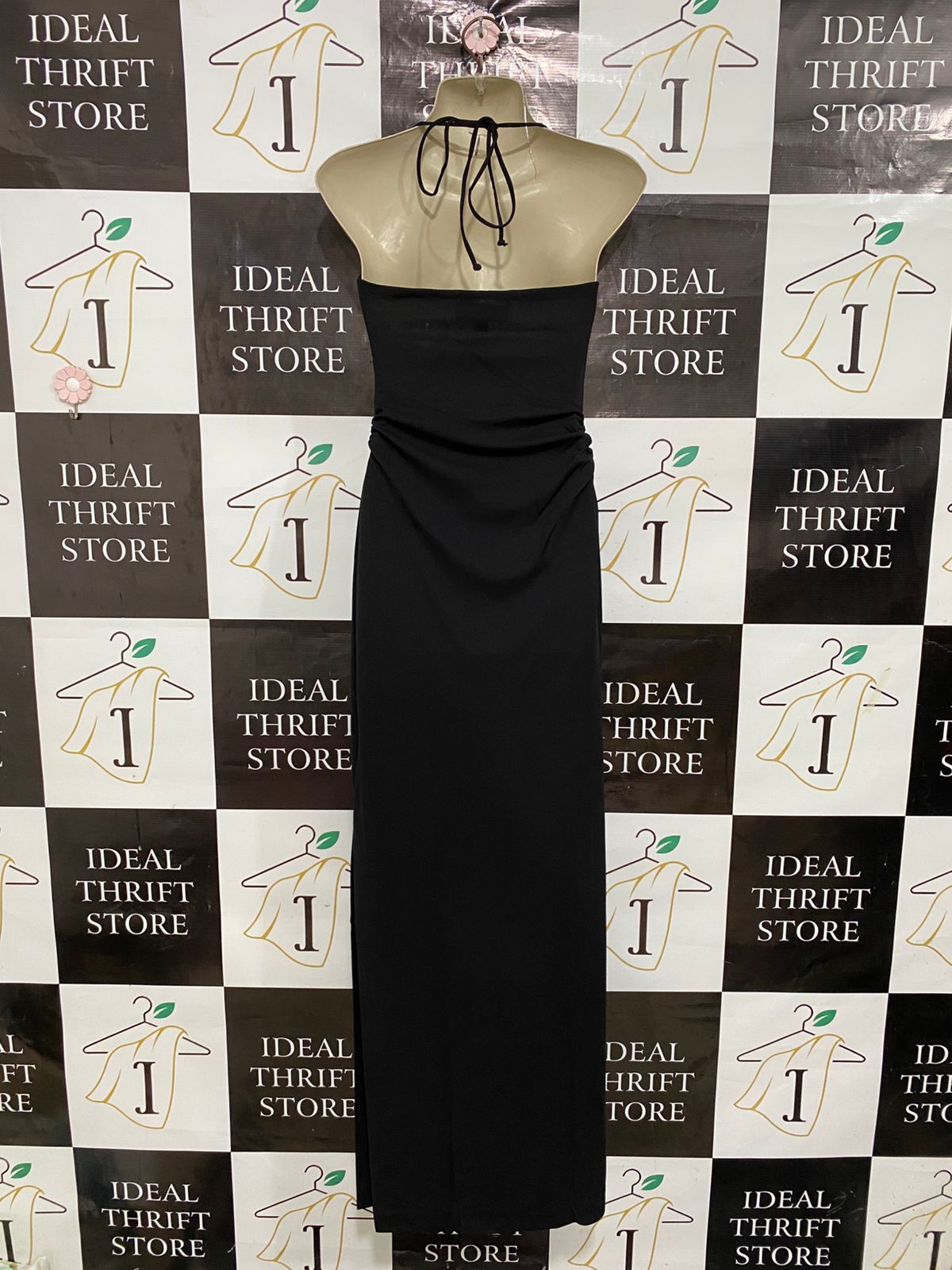 HICOLE HILLER |XS| BUST 13| A29| BLACK HALTER COWL-NECK RUCHED SIDE-SLIT MAXI DRESS