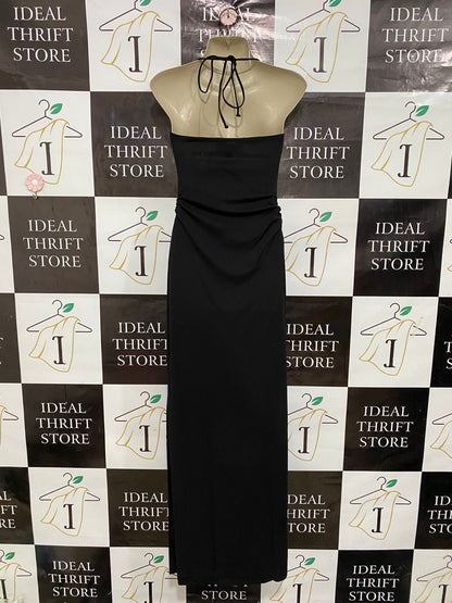 HICOLE HILLER |XS| BUST 13| A29| BLACK HALTER COWL-NECK RUCHED SIDE-SLIT MAXI DRESS