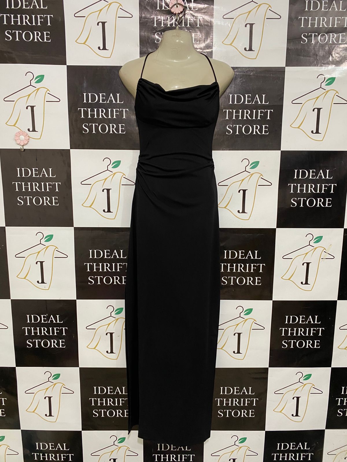 HICOLE HILLER |XS| BUST 13| A29| BLACK HALTER COWL-NECK RUCHED SIDE-SLIT MAXI DRESS