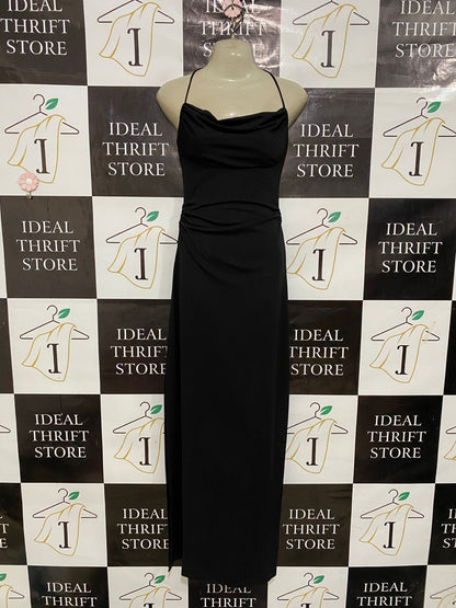 HICOLE HILLER |XS| BUST 13| A29| BLACK HALTER COWL-NECK RUCHED SIDE-SLIT MAXI DRESS