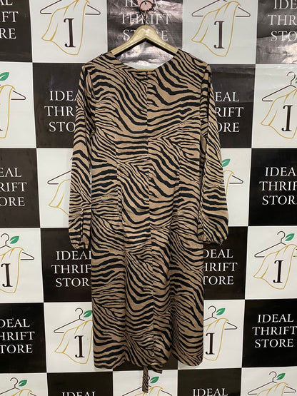 YUMI |M| BUST 20| A29| BEIGE & BLACK ZEBRA ANIMAL PRINT LONG-SLEEVE TIE-WAIST MIDI DRESS