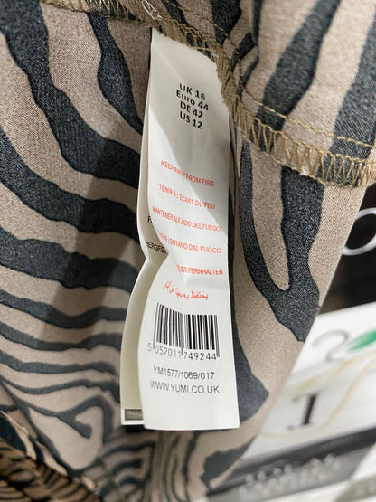 YUMI |M| BUST 20| A29| BEIGE & BLACK ZEBRA ANIMAL PRINT LONG-SLEEVE TIE-WAIST MIDI DRESS