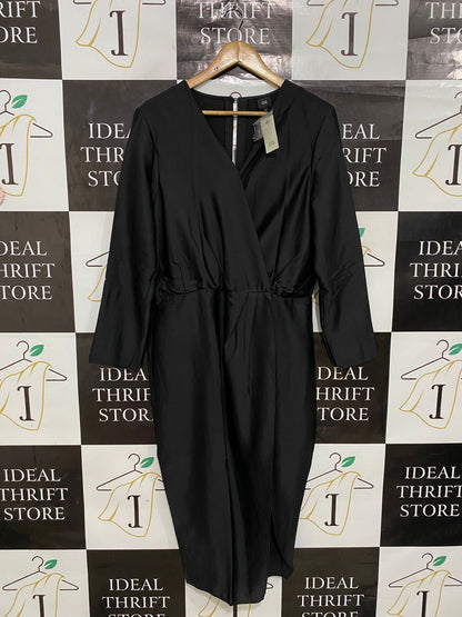 RIVER ISLAND |L| BUST 19| A29| BLACK SATIN WRAP-FRONT LONG-SLEEVE MIDI DRESS