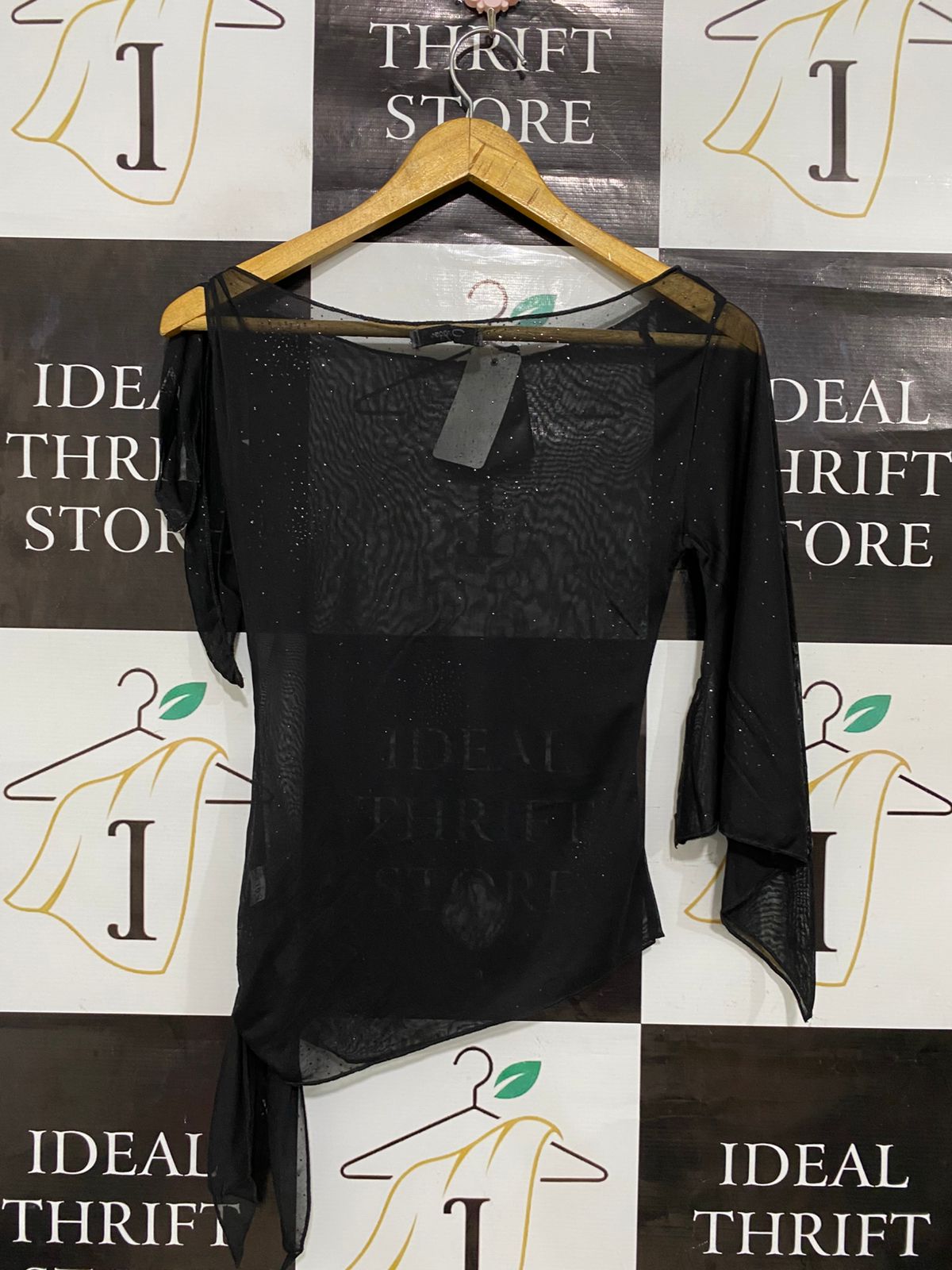 PARAQON |S| BUST 14| A29| BLACK SHEER GLITTER MESH ASYMMETRIC TIE-SIDE TOP