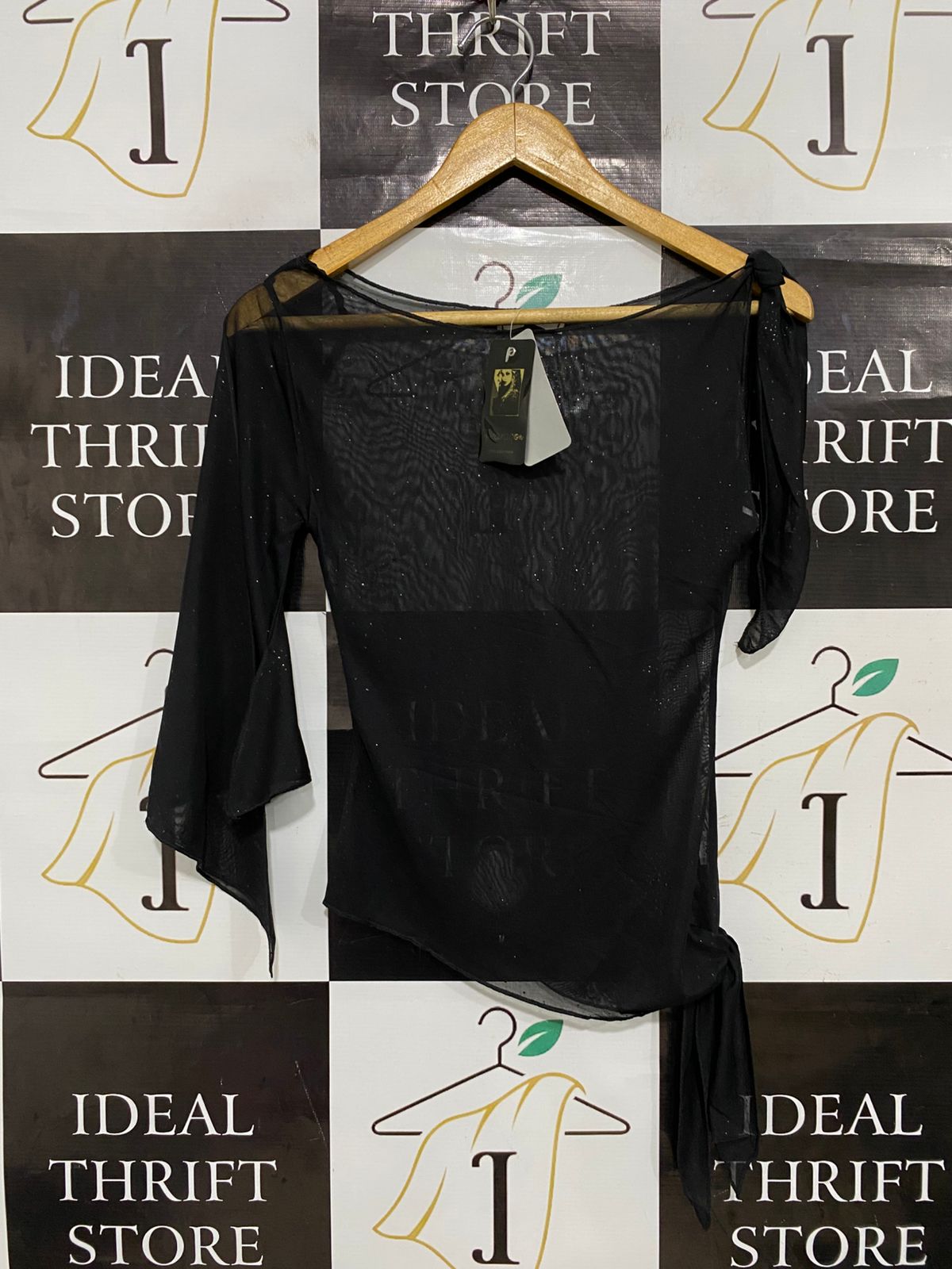 PARAQON |S| BUST 14| A29| BLACK SHEER GLITTER MESH ASYMMETRIC TIE-SIDE TOP