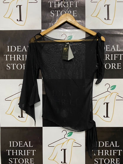 PARAQON |S| BUST 14| A29| BLACK SHEER GLITTER MESH ASYMMETRIC TIE-SIDE TOP