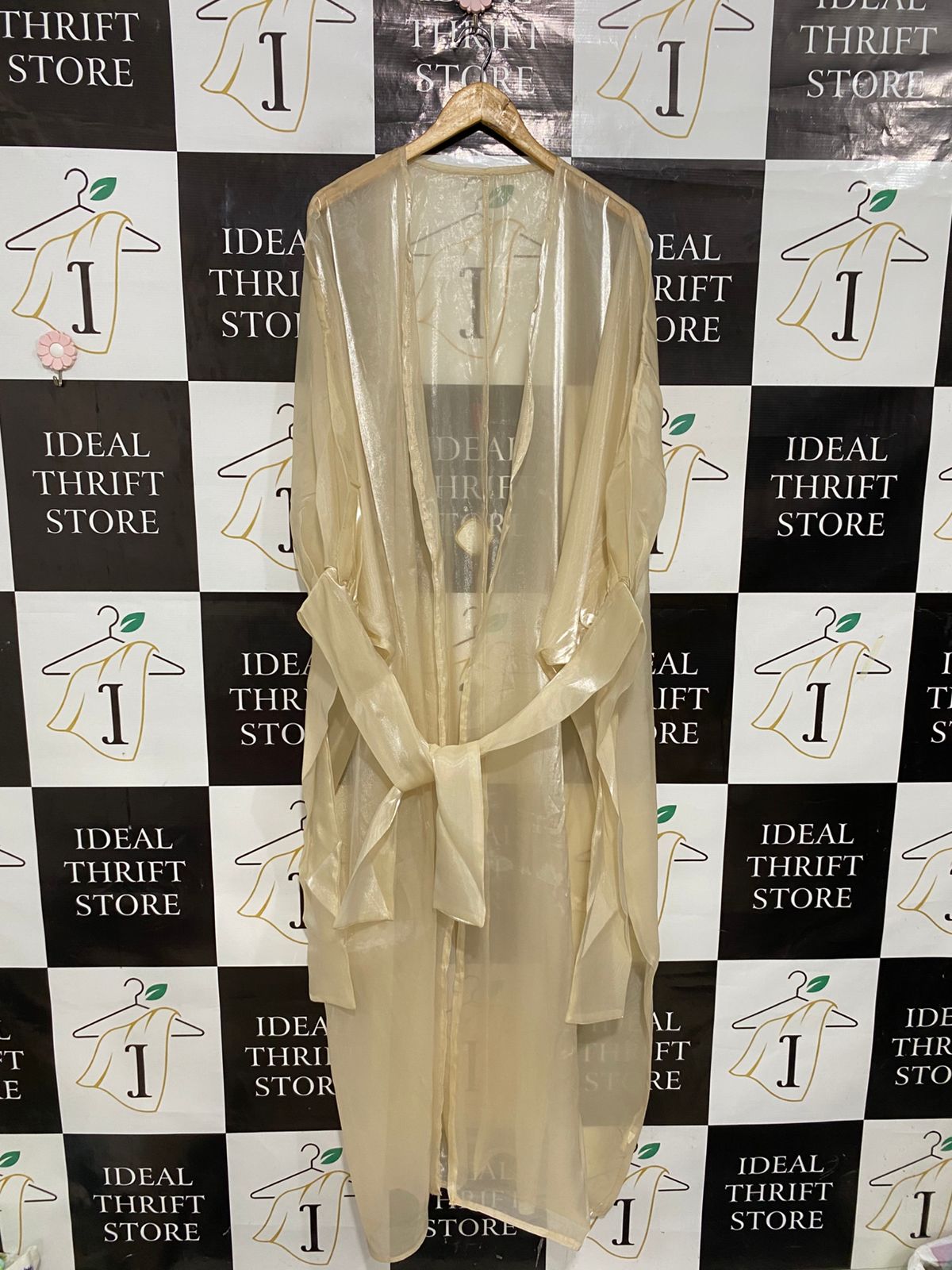 |M| BUST FREE| A29| CHAMPAGNE SHEER ORGANZA TIE-FRONT LONG ROBE / OVERCOAT
