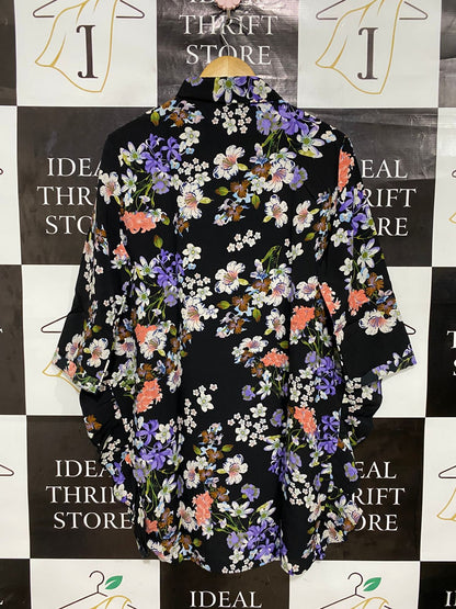 QED LONDON |L| BUST 22| A29| BLACK FLORAL PRINT COLLARED ASYMMETRIC SHIRT / TUNIC