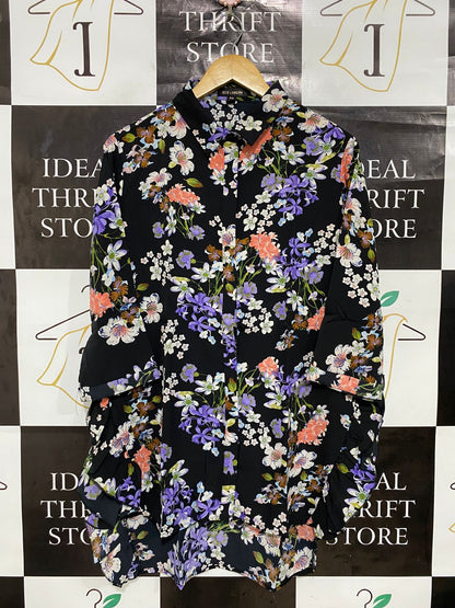 QED LONDON |L| BUST 22| A29| BLACK FLORAL PRINT COLLARED ASYMMETRIC SHIRT / TUNIC