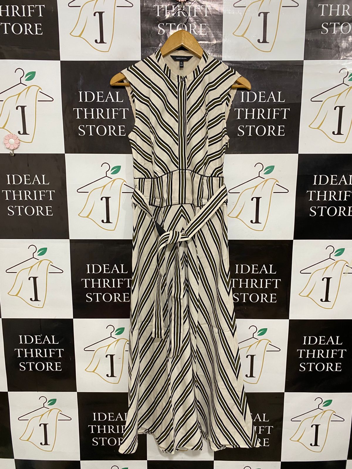 KAREN MILLEN |S| BUST 15| A29| CREAM & BLACK STRIPED SLEEVELESS TIE-WAIST MIDI DRESS