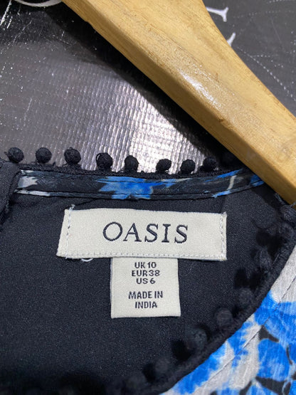 OASIS |M| BUST 16| A29| BLACK & BLUE FLORAL PRINT TIERED BELL-SLEEVE MIDI DRESS