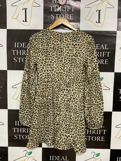 NA KD |S| BUST 16| A29| OLIVE & BEIGE LEOPARD PRINT LONG-SLEEVE RUFFLE MINI DRESS