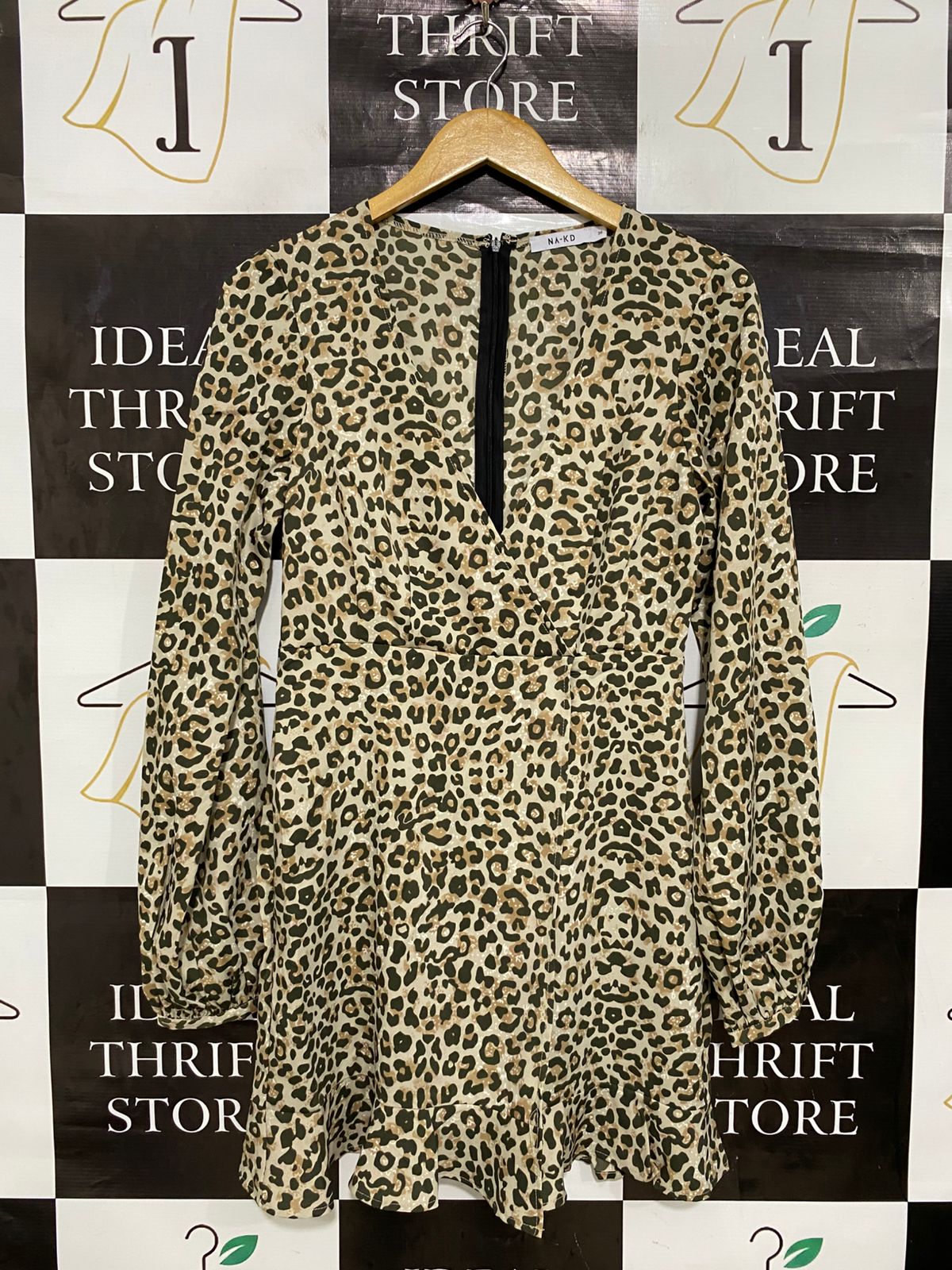 NA KD |S| BUST 16| A29| OLIVE & BEIGE LEOPARD PRINT LONG-SLEEVE RUFFLE MINI DRESS