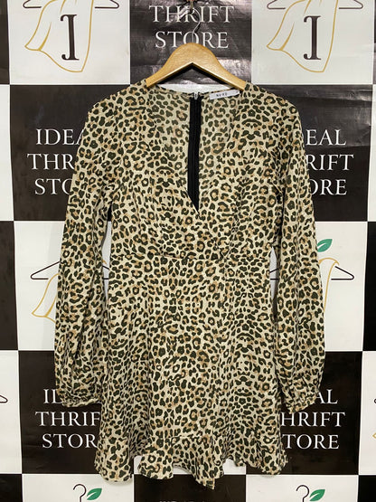 NA KD |S| BUST 16| A29| OLIVE & BEIGE LEOPARD PRINT LONG-SLEEVE RUFFLE MINI DRESS