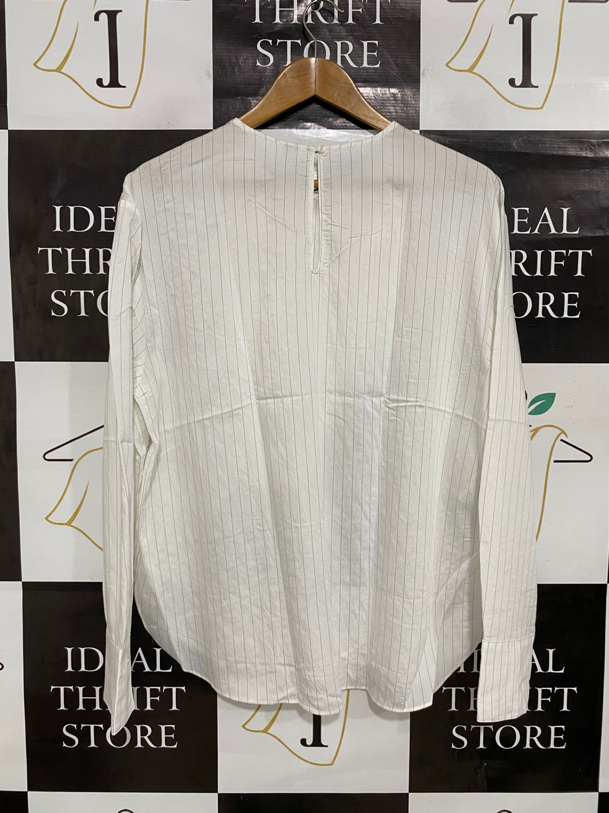 MNG |M| BUST 21| A29| WHITE & BLACK PINSTRIPE BOW-FRONT LONG-SLEEVE SHIRT