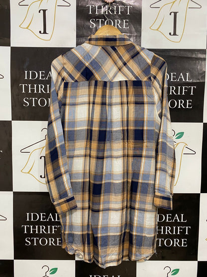TU WOMAN |M| BUST 19| A29| BLUE, BROWN & WHITE PLAID TARTAN LONG-SLEEVE SHIRT / TUNIC