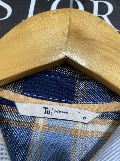 TU WOMAN |M| BUST 19| A29| BLUE, BROWN & WHITE PLAID TARTAN LONG-SLEEVE SHIRT / TUNIC