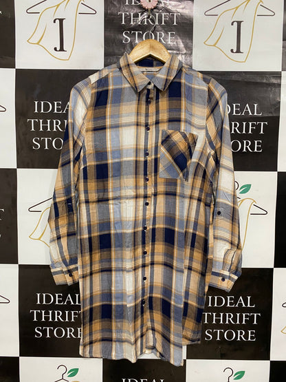 TU WOMAN |M| BUST 19| A29| BLUE, BROWN & WHITE PLAID TARTAN LONG-SLEEVE SHIRT / TUNIC