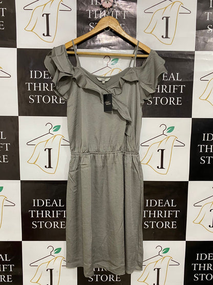 NEXT |S| BUST 16| A29| SAGE GREEN COLD-SHOULDER RUFFLE-TRIM MIDI DRESS