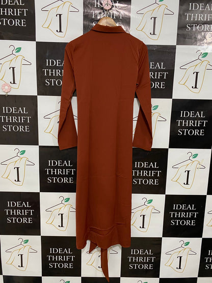 |S| BUST 17| A29| RUST BROWN COLLARED TIE-WAIST LONG-SLEEVE SHIRT MIDI DRESS