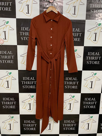 |S| BUST 17| A29| RUST BROWN COLLARED TIE-WAIST LONG-SLEEVE SHIRT MIDI DRESS
