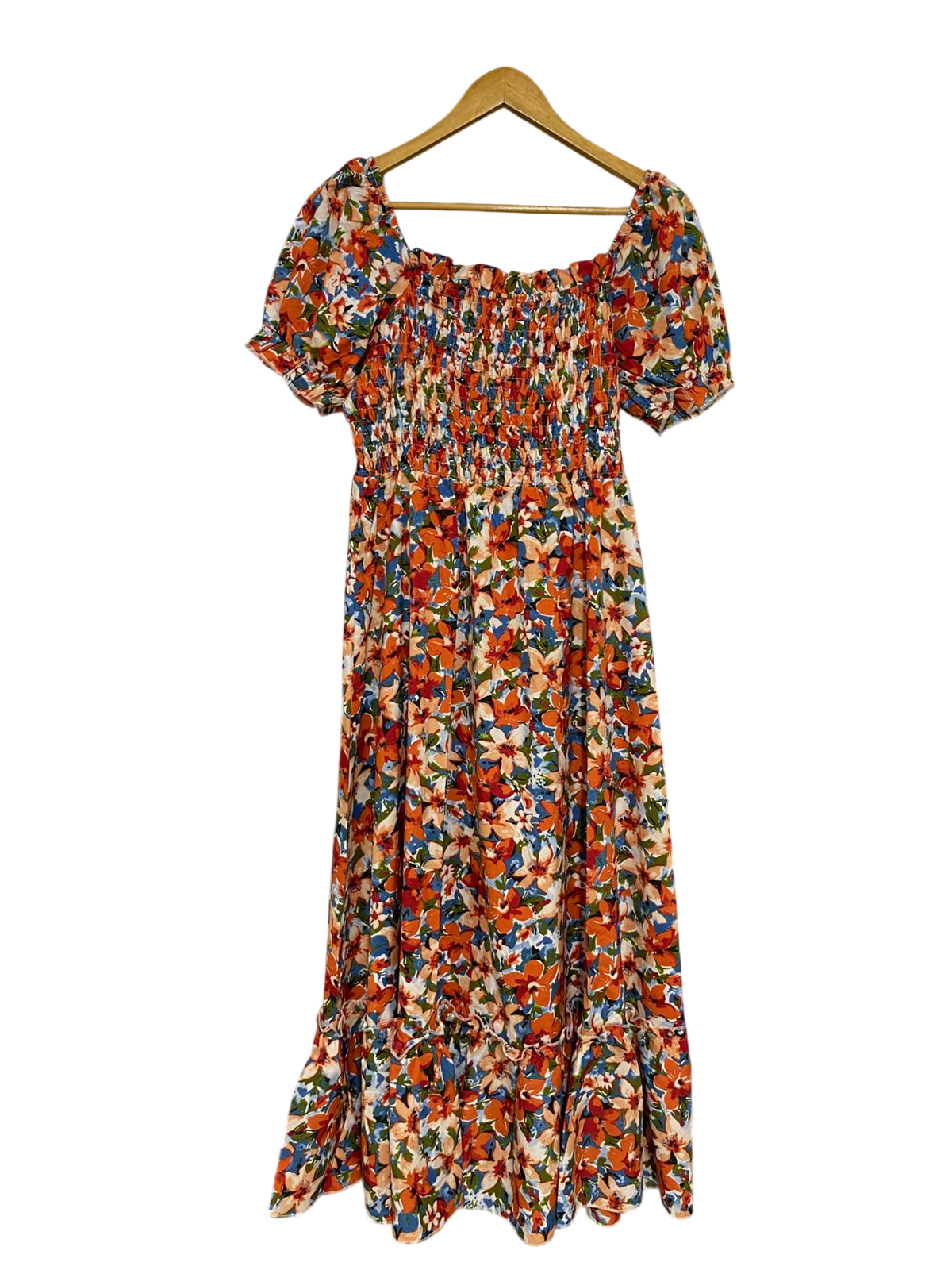 |XL| BUST 16| A30| VIBRANT ORANGE & BLUE FLORAL SMOCKED SQUARE-NECK MIDI DRESS