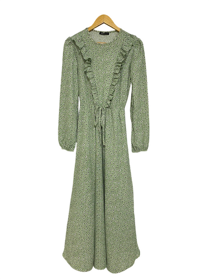 INSIRAH |L| BUST 17| A30| SAGE GREEN FLORAL RUFFLE-TRIM LONG-SLEEVE MIDI DRESS