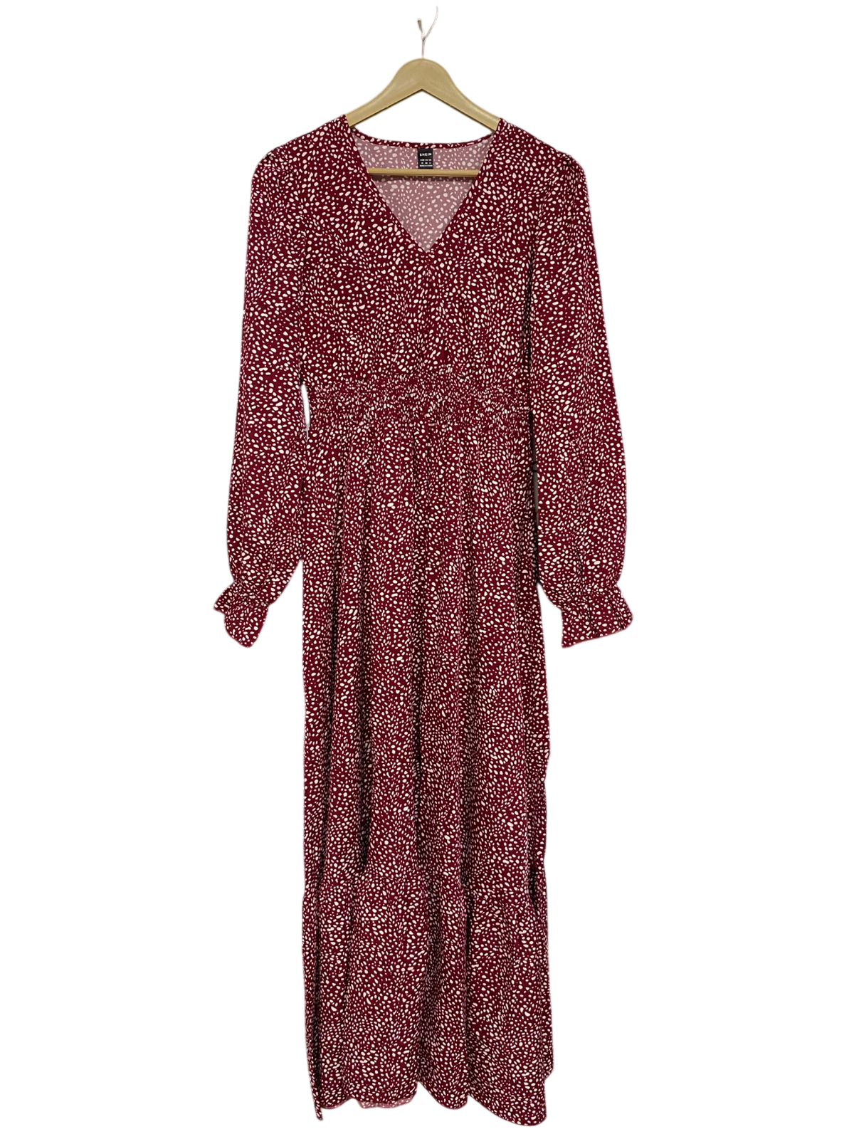 SHEIN |M| BUST 17| A30| BURGUNDY & WHITE SPOTTY ANIMAL PRINT LONG-SLEEVE MIDI DRESS