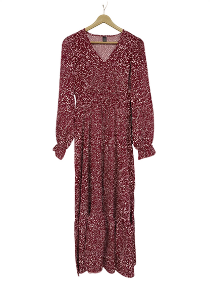 SHEIN |M| BUST 17| A30| BURGUNDY & WHITE SPOTTY ANIMAL PRINT LONG-SLEEVE MIDI DRESS
