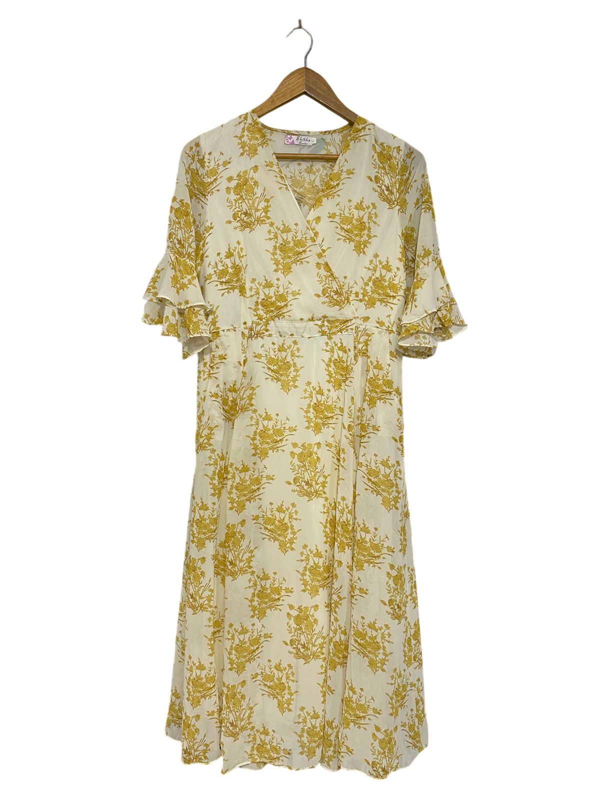 SHIKA |M| BUST 17| A30| MUSTARD & WHITE FLORAL WRAP MIDI DRESS WITH RUFFLED SLEEVES