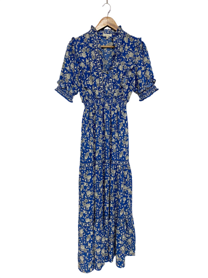 MAX STUDIO |M| BUST 16| A30| BLUE & WHITE FLORAL RUFFLE-TRIM SMOCKED MAXI DRESS