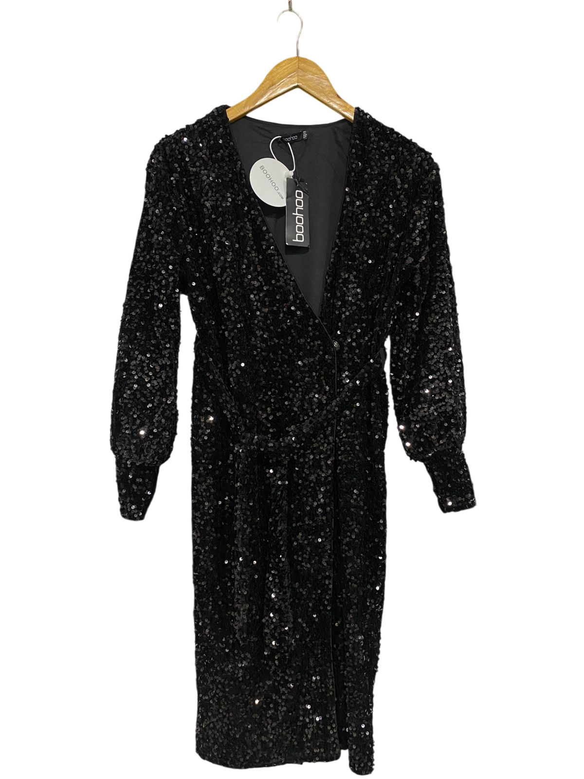 BOOHOO |S| BUST 19| A30| BLACK SEQUIN LONG-SLEEVE WRAP MIDI DRESS