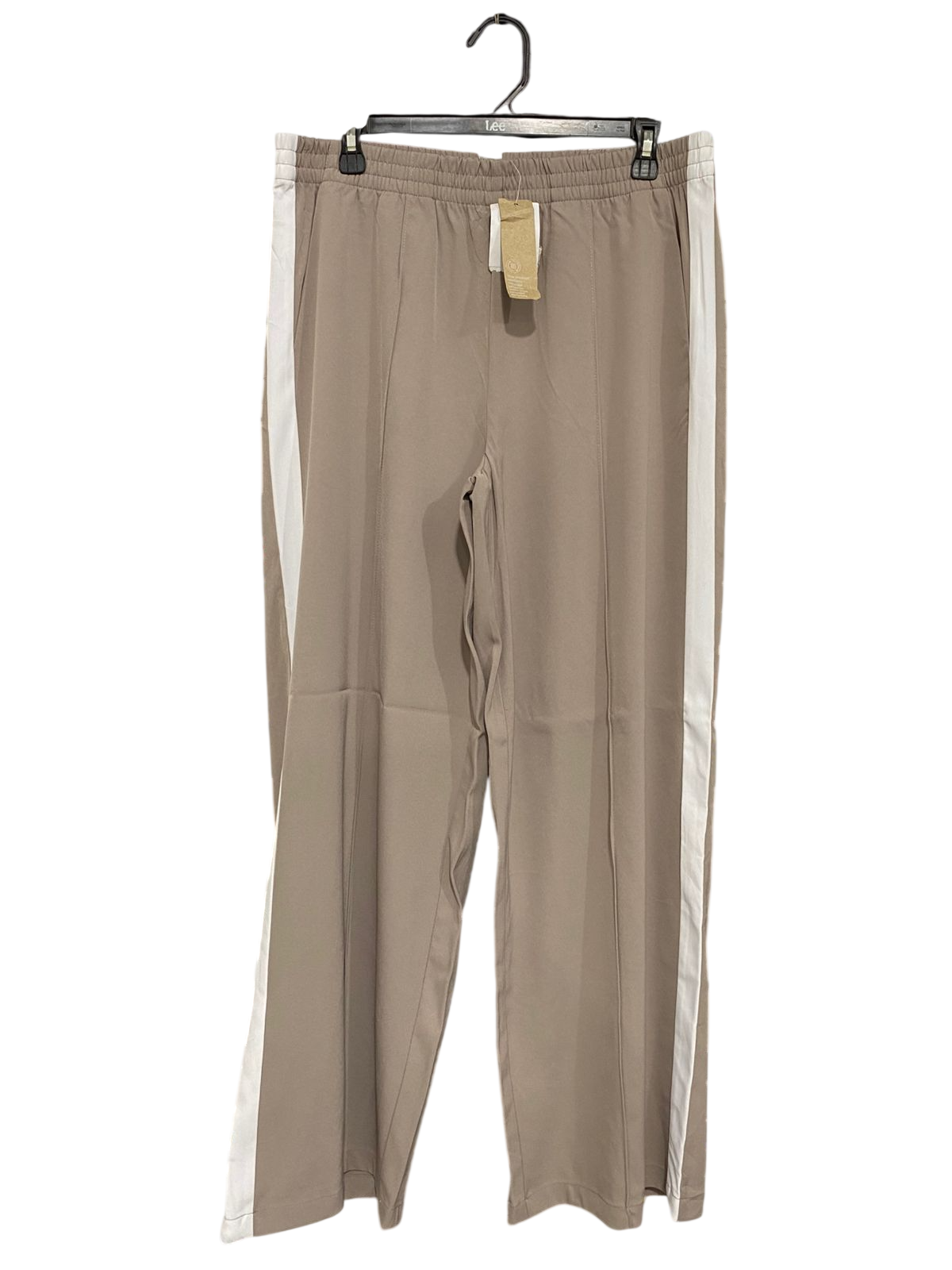 ANKO |L| WAIST 32| A30| TAUPE & WHITE SIDE-STRIPE ELASTIC-WAIST WIDE-LEG TROUSERS