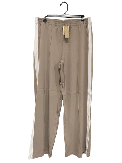 ANKO |L| WAIST 32| A30| TAUPE & WHITE SIDE-STRIPE ELASTIC-WAIST WIDE-LEG TROUSERS