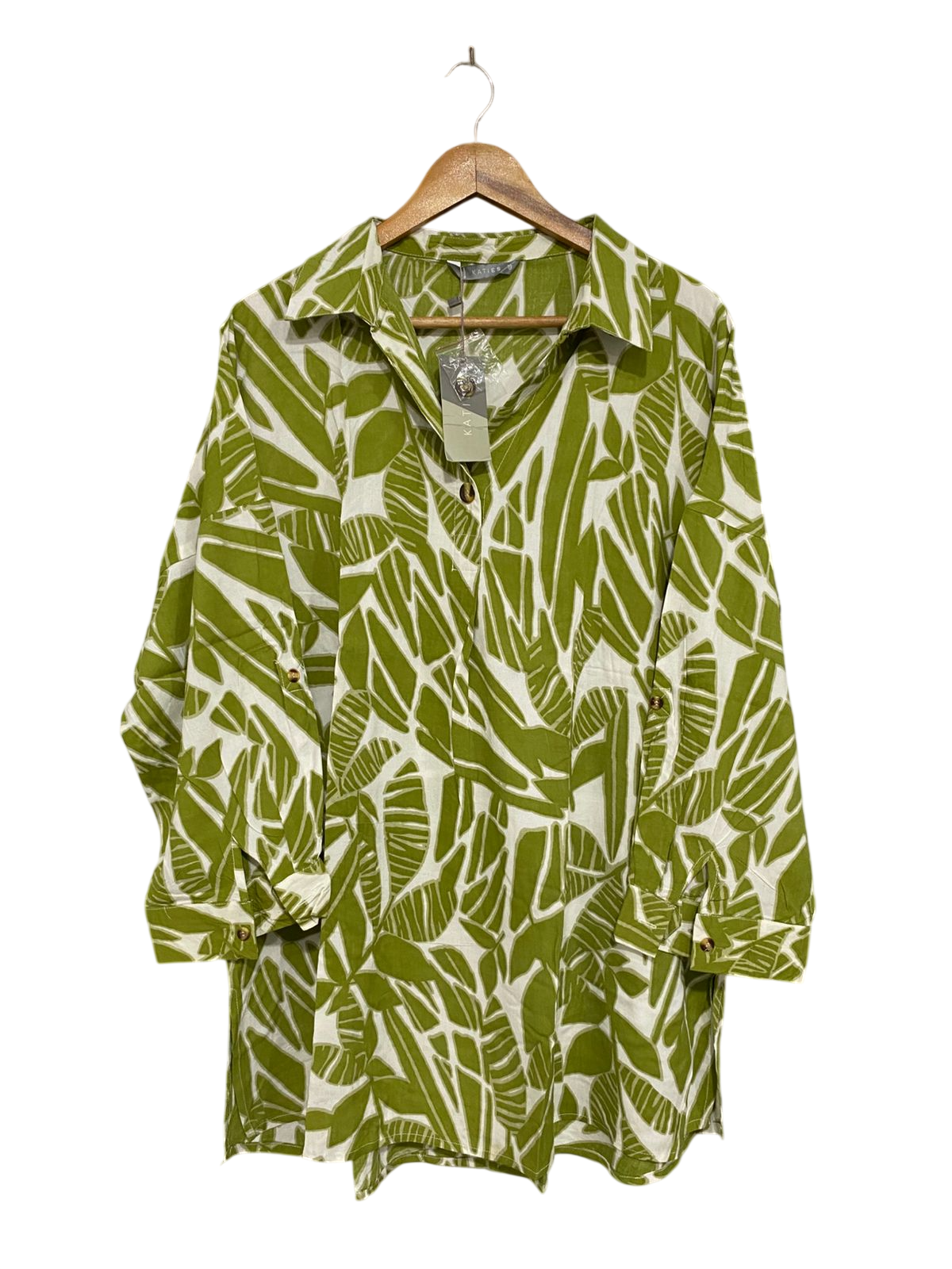 KATIES |XL| BUST 25| A30| OLIVE GREEN & WHITE BOTANICAL LEAF PRINT COLLARED TUNIC SHIRT