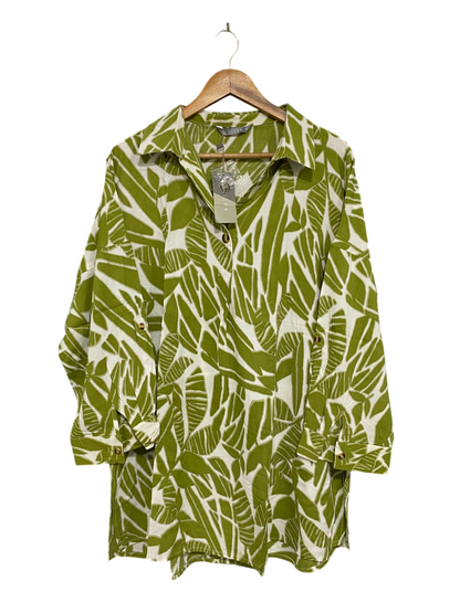 KATIES |XL| BUST 25| A30| OLIVE GREEN & WHITE BOTANICAL LEAF PRINT COLLARED TUNIC SHIRT