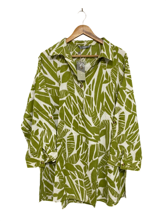 KATIES |XL| BUST 25| A30| OLIVE GREEN & WHITE BOTANICAL LEAF PRINT COLLARED TUNIC SHIRT