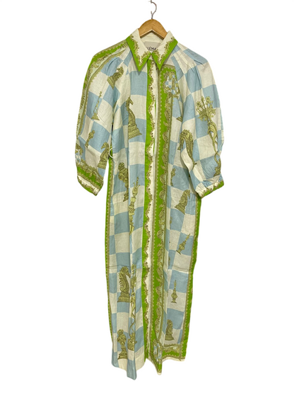ALEMAIS |S| BUST 21| A30| GREEN, BLUE & WHITE CHESSBOARD BAROQUE PRINT LONG-SLEEVE SHIRT DRESS