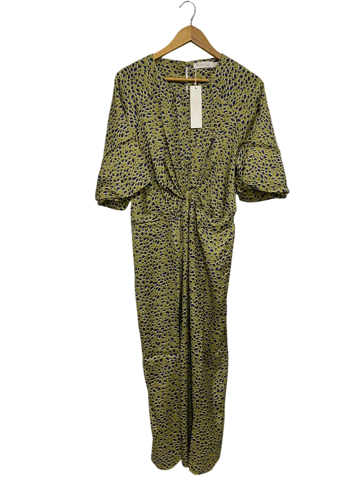 SUNNY GIRL |M| BUST 22| A30| OLIVE GREEN & NAVY ANIMAL PRINT KNOT-FRONT MIDI DRESS