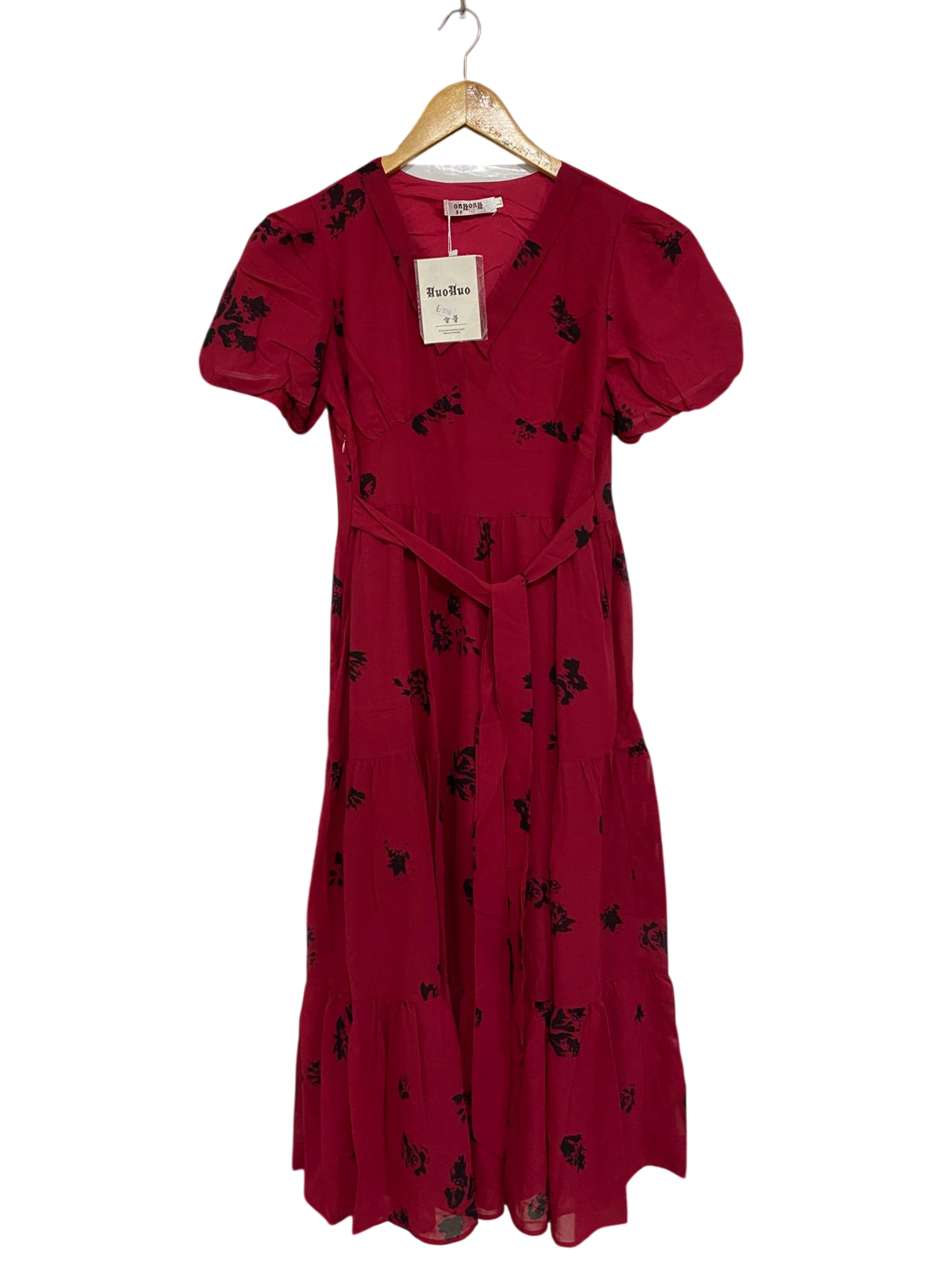 ONH ONH |L| BUST 17| A30| MAGENTA & BLACK FLORAL PRINT V-NECK TIERED MIDI DRESS