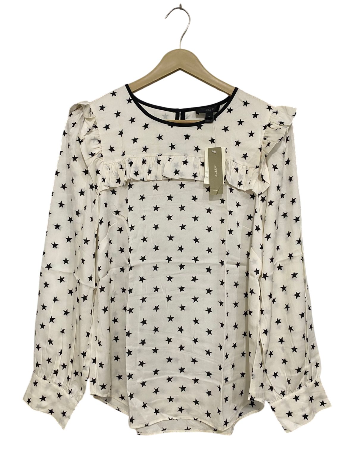 J. CREW |S| BUST 18| A30| CREAM & BLACK STAR PRINT RUFFLE-TRIM LONG-SLEEVE BLOUSE